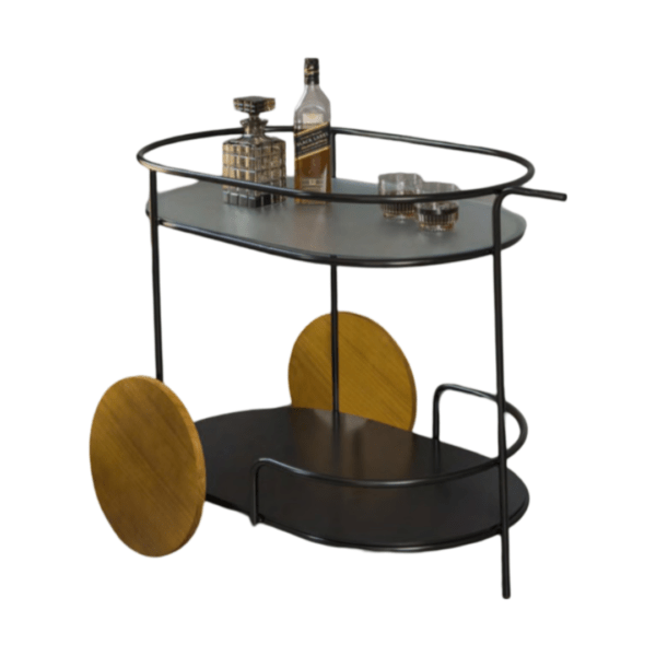Mesa de Bar Decorativo Com Detalhe de Madeira Castanho e Base Aço Carbono Cor Preto com Vidro Preto e Vidro Jateado Cristal - PRONTA ENTREGA