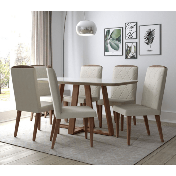Jogo Sala de Jantar (1) Mesa Tamanho 160x89,5 + (6) Cadeiras Modelo Das/Ben para 6 Lugares cor Offwhite e Madeira Natural – SOB ENCOMENDA