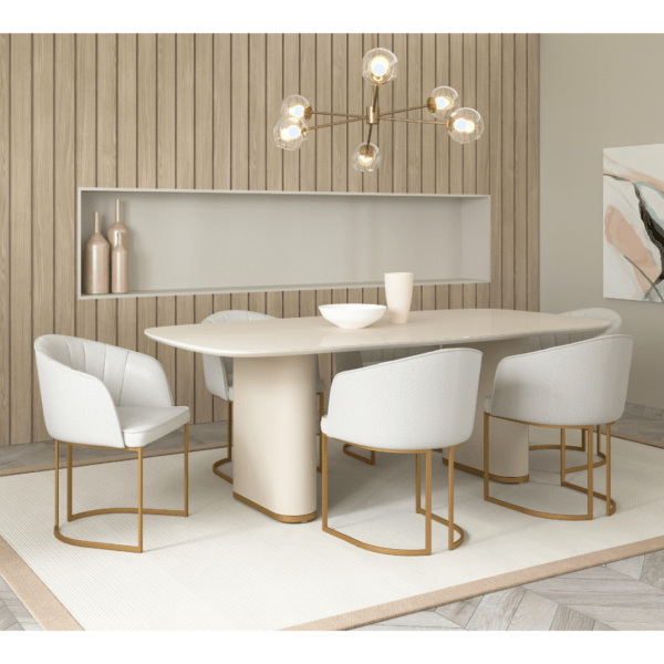 Jogo Sala de Jantar (1) Mesa Tamanho 220x110 + (6) Cadeiras Modelo Bev para 6 Lugares cor Offwhite com detalhe em Dourado - SOB ENCOMENDA
