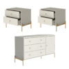 Jogo de Cômoda com 3 Gavetas + Porta e (2) Mesas de Cabeceira para Quarto cor Off White c/ Pés Dourado - SOB ENCOMENDA