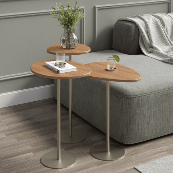 Trio de Mesas Lateral Apoio Decorativa Modelo Organic Sala Tv Estar de Aço Carbono Base cor Champagne com Tampo cor Madeira Natural - SOB ENCOMENDA
