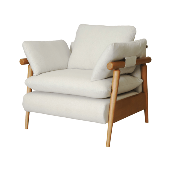 Poltrona Modelo Dora com Base de Madeira Tauari cor Madeira Natural Castanho e Tecido Linho cor White/Nata- SOB ENCOMENDA