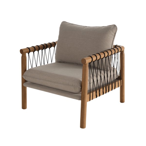 Poltrona Encosto Medio Modelo Loa Base Torneada de Madeira Tauari cor Madeira Natural com Detalhes em Cordas com Tecido Linho cor Cinza Gianduia - SOB ENCOMENDA