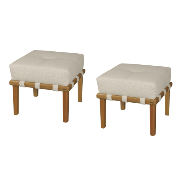 Jogo de (2) Bancos Puffs Mesa Pequeno Modelo Otto Tamanho 50x50x46 Base Torneada de Madeira Tauari cor Madeira Natural com Tecido Jacquard cor Bege Claro - SOB ENCOMENDA