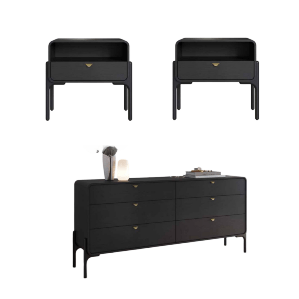 Jogo de Cômoda com (6) Gavetas e (2) Mesas de Cabeceira para Quarto com Base de Madeira Maciça Torneada (CORES) - SOB ENCOMENDA