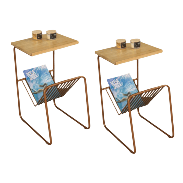 Jogo de (2) Mesas Lateral Decorativa para Revistas e Uso Diario com Base Reforçada de Aço Carbono Resistente cor Cobre com Tampo de Madeira Natural Claro - SOB ENCOMENDA