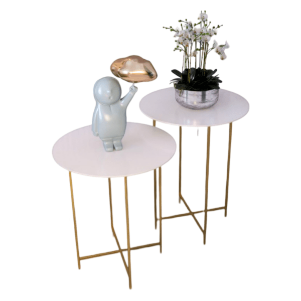 Jogo de (2) Mesas Lateral para Sala Estilo Moderno com a Base de Aço Carbono cor Preto/Dourado com Tampo Madeira cor Preto Marmorizado/Branco Acetinado/Branco Gloss - SOB ENCOMENDA