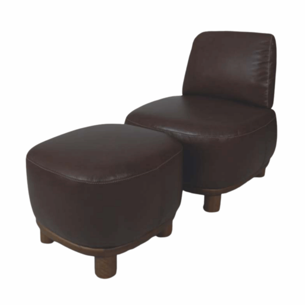 Poltrona com Puff para Sala Living ou TV Modelo Panda com Base de Madeira Maciça com Couro 100% Natural (CORES) - SOB ENCOMENDA